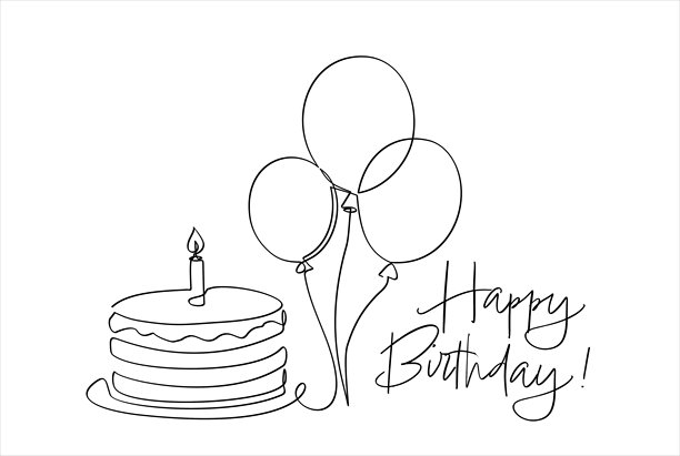 生日蛋糕，采用连续线条艺术画风格。传统的生日蛋糕，顶部带有蜡烛，极简黑色线条草图，孤立在白色背景上。矢量插画。图片下载