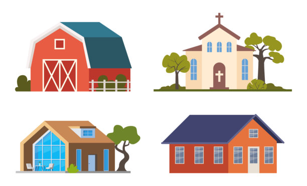 各种平面的城市建筑图标。包括独立的私人住宅、小屋、教堂、谷仓，背景为白色。矢量插画。图片下载