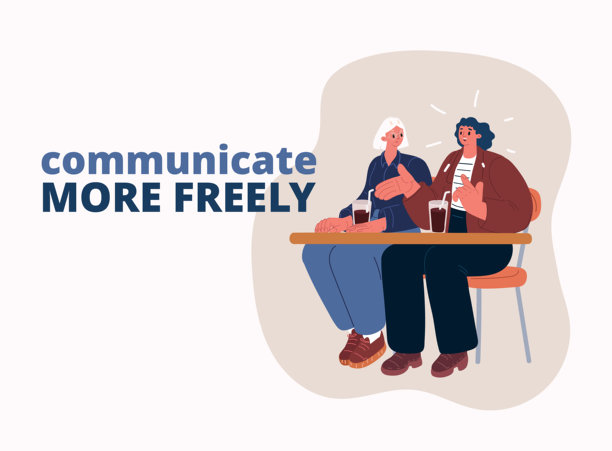 矢量插画，描绘两位自信的女性在咖啡馆里交谈，象征着赋权、友谊和有意义的对话。图片下载