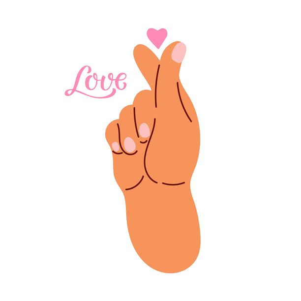 粉色指甲的手用手指比出爱心形状。扁平风格插画，孤立在白色背景上。书法文字“爱”。爱心符号，用于情人节卡片、邀请函。心形。图片下载
