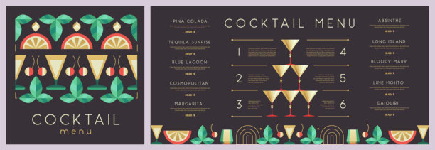 复古假日餐厅鸡尾酒菜单设计，黑色背景。扁平化设计。矢量插画图片下载