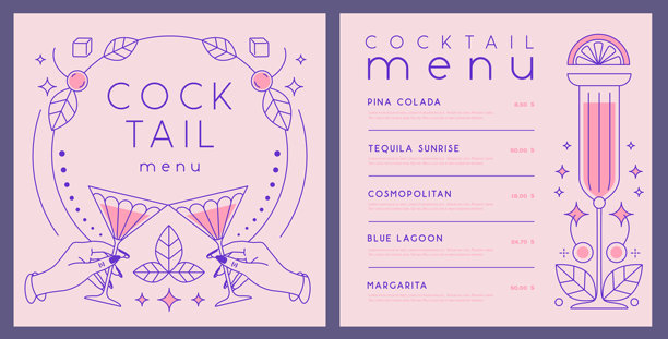 复古线条艺术餐厅鸡尾酒菜单设计。矢量插画图片下载