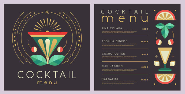 复古节日餐厅鸡尾酒菜单设计，黑色背景。扁平化设计。矢量插画图片下载