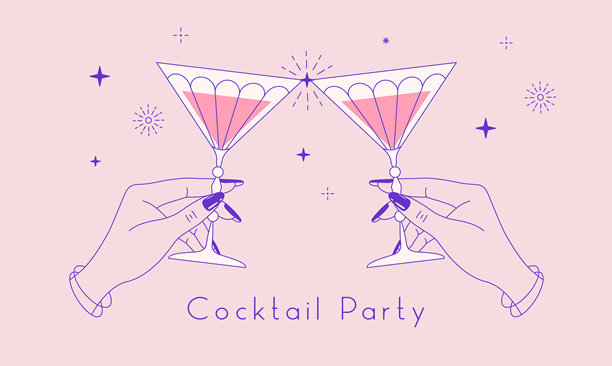 线条手绘风格的鸡尾酒和烟花。鸡尾酒派对。用两只鸡尾酒杯庆祝敬酒。矢量插画图片下载