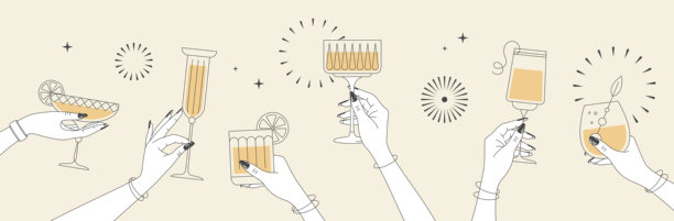 手绘线条，鸡尾酒和烟花。鸡尾酒派对。用鸡尾酒杯庆祝干杯。扁平化设计。矢量插画图片下载