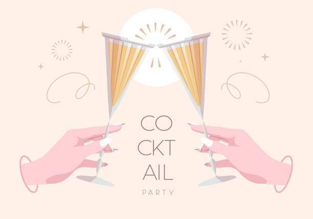 鸡尾酒和烟花的手。鸡尾酒派对。用两杯鸡尾酒庆祝敬酒。扁平化设计。矢量插画图片下载