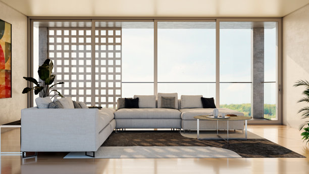 宽敞豪华的现代明亮室内客厅样机插画，3D渲染图图片下载