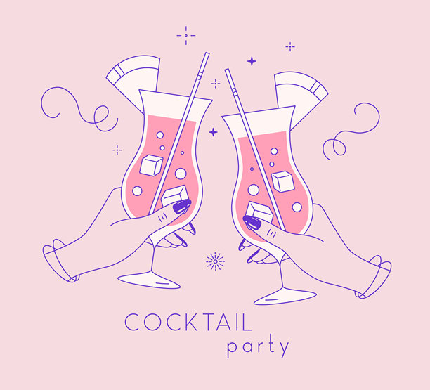 线条艺术风格的手举着鸡尾酒和烟花。鸡尾酒派对。用两个鸡尾酒杯庆祝敬酒。矢量插画图片下载