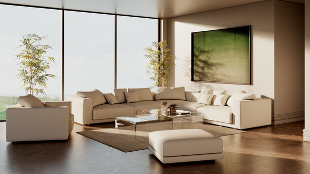 大型豪华现代明亮室内客厅样板图插画 3D渲染图图片下载