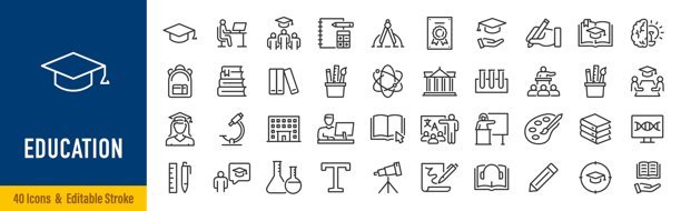 教育类网页图标，线条风格。学校、大学、成功、学术、教科书、远程学习、收藏。描边可编辑。矢量插画。图片下载