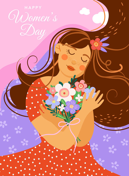 快乐的妇女节竖式贺卡，身穿红裙的女孩，矢量插画图片下载