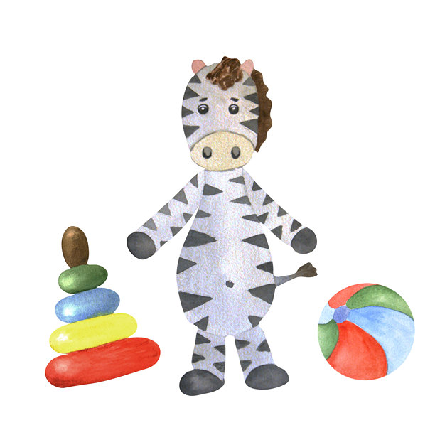 水彩风格的儿童玩具插画，白色背景。适用于包装、纺织品、设计、封面和笔记本。图片下载