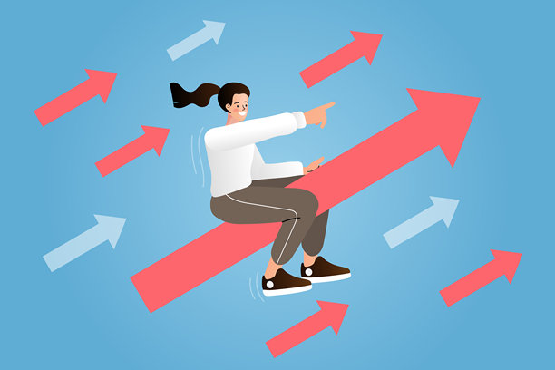 商业增长与职业发展理念。一位女性骑着向上的红色箭头，向前指向，象征领导力成功。扁平化矢量插画，适用于金融趋势和市场营销演示。图片下载