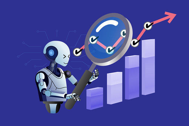 机器人使用放大镜分析带有勾号的上升财务图表。人工智能、股票市场数据分析和自动化交易成功的扁平矢量插画图片下载