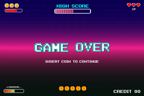游戏结束，复古未来科幻背景下的复古游戏矢量图，用于游戏素材。老式街机散发出的霓虹光芒图片下载