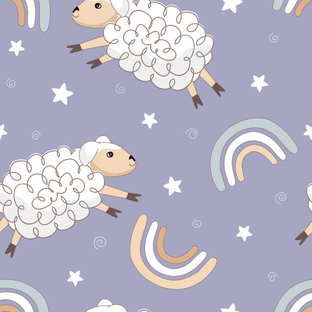 可爱的绵羊在彩虹间跳跃的无缝图案。白色羔羊、彩虹和星星的婴儿房背景。适用于印花、织物、纺织品、壁纸、包装纸的设计。矢量插画。图片下载