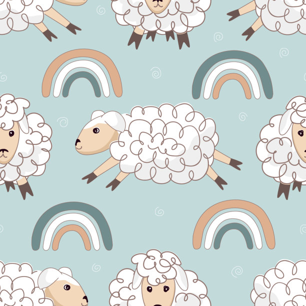 可爱的绵羊在彩虹中跳跃的无缝图案。白色的小羊、彩虹和星星的婴儿房背景。适用于印花、面料、纺织品、墙纸、包装纸的设计。矢量插画。图片下载