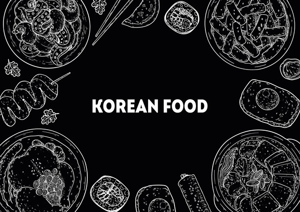 韩式料理边框。手绘韩式料理俯视图矢量草图插画。辣炒章鱼、鱼饼、参鸡汤、紫菜包饭、炖菜、炒年糕、鸡蛋面包、饺子图片下载