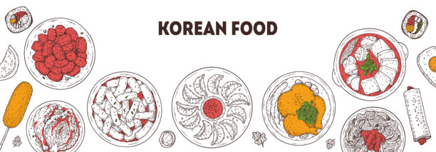 韩式料理矢量图边框。手绘俯视韩式料理菜肴矢量草图插画。烤肉、玉米热狗、泡菜、饺子、汤、参鸡汤、炖菜、杂菜、紫菜包饭图片下载