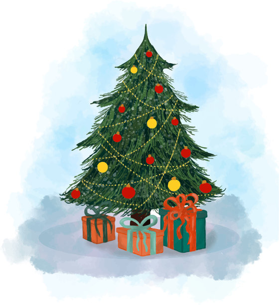 节日矢量插画，描绘了一棵装饰着彩色饰品和花环的圣诞树，周围环绕着包装好的礼物盒。手绘水彩风格设计，非常适合节日贺卡。图片下载