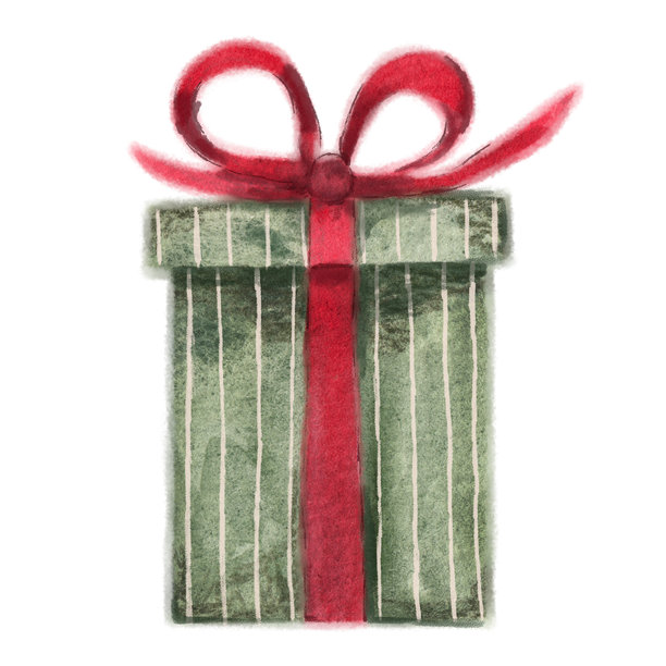 水彩插画，描绘了一个带有红色丝带和蝴蝶结的条纹绿色礼品盒。适合圣诞节、生日或庆祝活动的节日礼物。图片下载