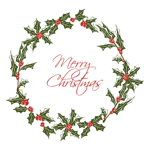 圣诞快乐花环，带有冬季花卉元素。槲寄生枝条与红色浆果组成的圆形边框。矢量手绘插图，用于季节性贺卡、邀请函，并带有复制空间图片下载