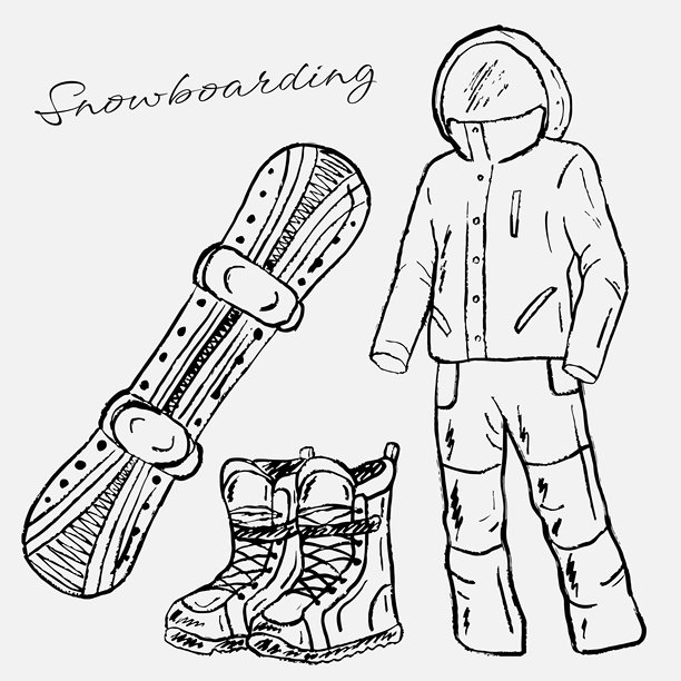 手绘滑雪板配件：雪板、靴子、服装，非常适合冬季运动视觉效果。复古蜡笔炭笔风格的矢量草图插画。冬季运动，滑雪度假村装备图片下载