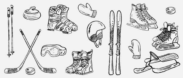 手绘冬季运动装备：滑雪板、雪板、雪橇、靴子、曲棍球、冰壶、护目镜、冰鞋、头盔、连指手套。复古蜡笔炭笔风格的矢量草图插画。冬季活动。图片下载