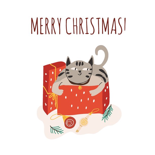 圣诞猫咪贺卡。手绘矢量插画。图片下载
