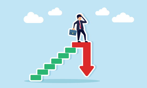 困惑的商人在楼梯前，突然向下指着，插画描绘他绞尽脑汁为公司负面趋势寻找解决方案图片下载