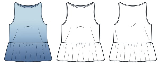 船领上衣技术时装插画。褶边T恤时尚平铺技术图纸模板，无袖，宽松版，正面和背面视图，白色，女士CAD模型。图片下载