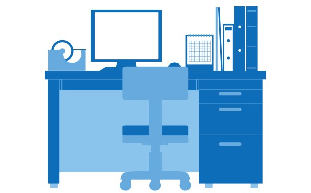 蓝色办公桌工作空间插画图片下载