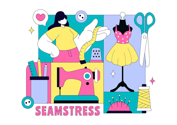 缝纫女工矢量插画，时装设计师在裁缝店里缝制连衣裙、制作服装，背景为扁平化风格图片下载