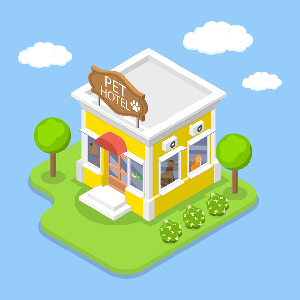 宠物酒店的3D等距扁平矢量插画图片下载