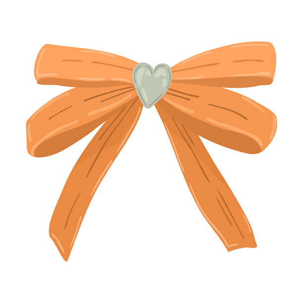 橙色丝带蝴蝶结，带有爱心细节，插画。图片下载