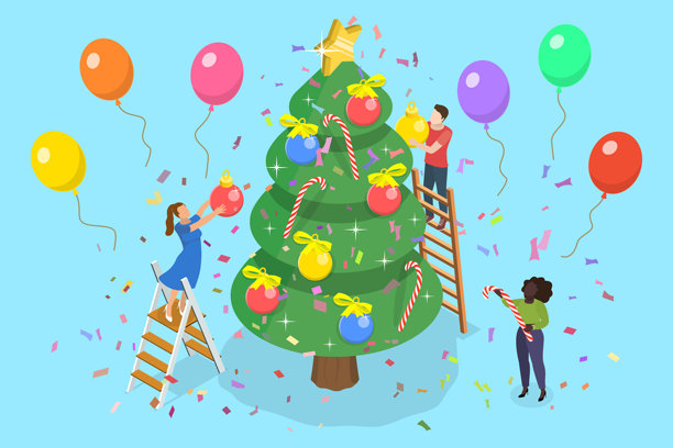 3D等距扁平矢量插画，圣诞树装饰图片下载