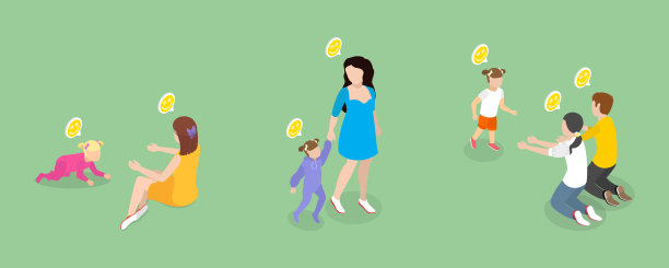 儿童行走技能发展的3D等距扁平矢量插画图片下载