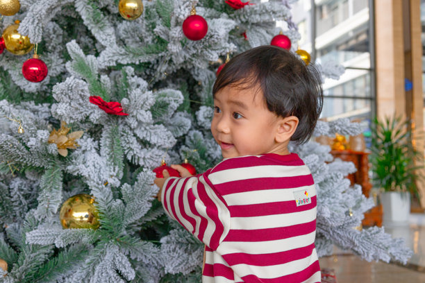 身着圣诞服装的亚洲婴儿，周围有圣诞树和许多圣诞装饰。温馨快乐的时光。摄影素材图片下载