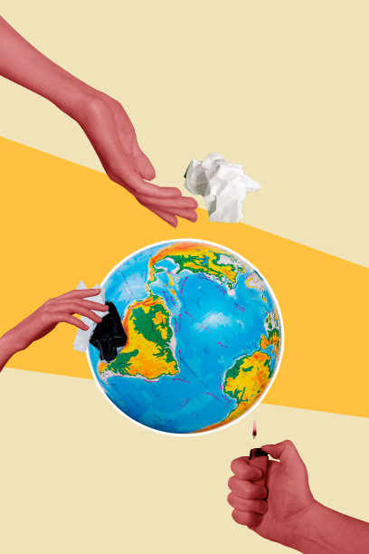 3D竖构图照片拼贴，一只手拿着打火机，点燃了地球，象征着环境污染和气候变暖问题，呼吁拯救地球。图片下载