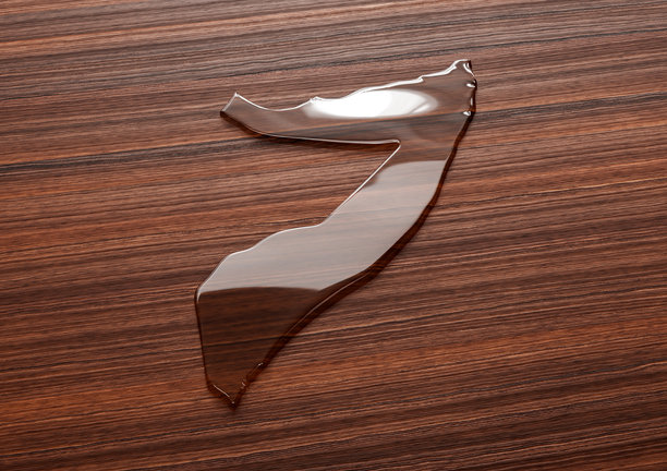 木地板上的索马里地图，由透明液体水构成，节约用水概念，3D插画图片下载