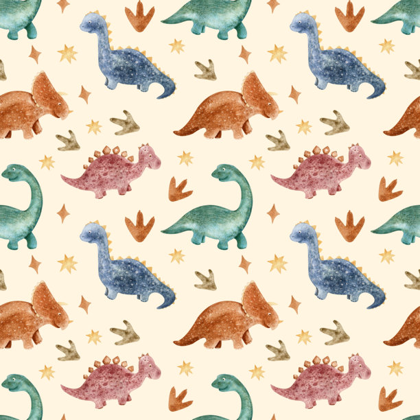 米色背景上卡通恐龙的无缝图案。专为儿童房和纺织品设计的彩绘恐龙。儿童插画图片下载