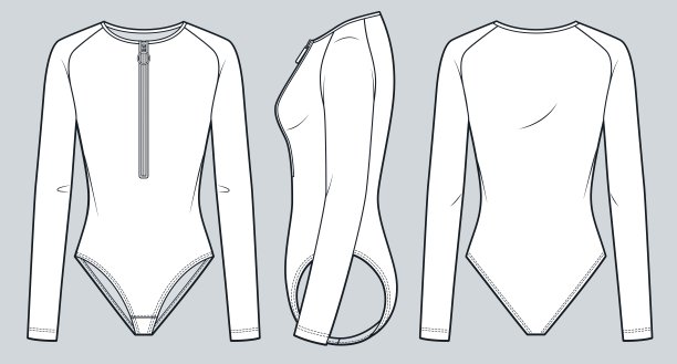 女士长袖拉链连衣裙，时装插画。插肩袖泳衣，时装平面技术图纸模板，正面、侧面和背面视图，白色，女士CAD模型。图片下载