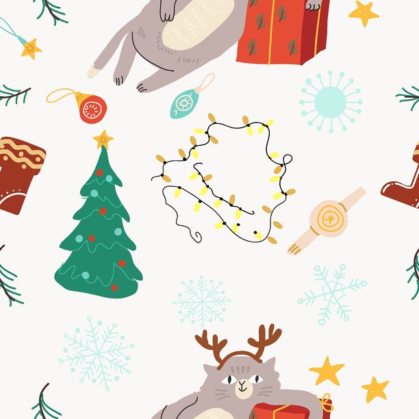 圣诞猫咪无缝花纹。手绘矢量插画。图片下载