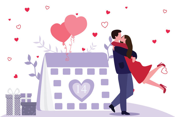 一对情侣快乐地庆祝情人节。矢量插画图片下载