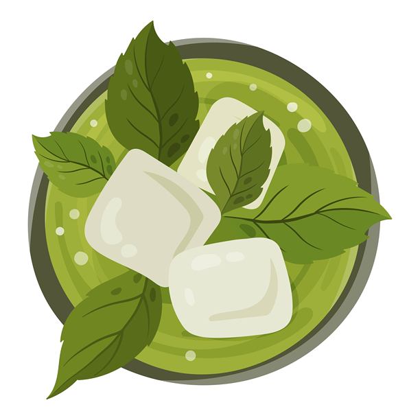 俯视角度，玻璃杯中盛有清爽的绿色冰饮，饰有薄荷叶图片下载