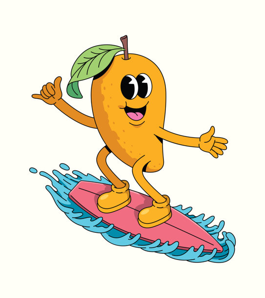 芒果冲浪的复古卡通插画图片下载