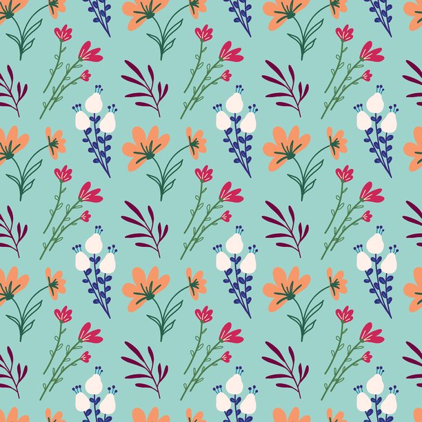 浅蓝色背景上手绘鲜花、绿叶和植物元素的明亮色彩无缝花卉图案图片下载