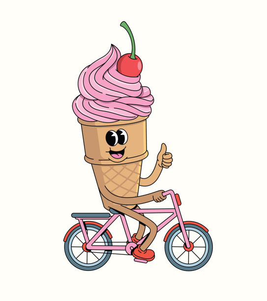 冰淇淋甜筒自行车 嬉皮卡通插画图片下载