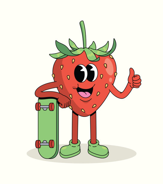 草莓滑板竖起大拇指的复古卡通插画图片下载