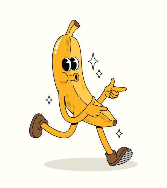 香蕉活力四射地走路，时髦的卡通插画图片下载